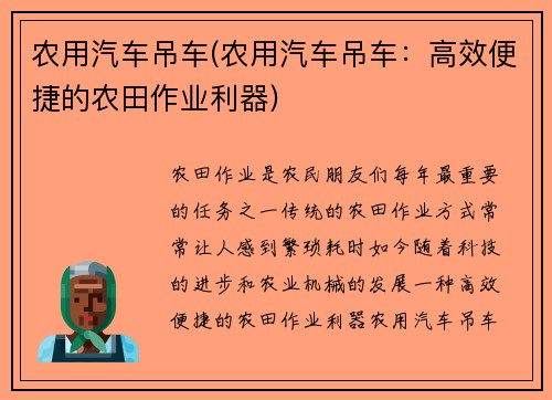农用汽车吊车(农用汽车吊车：高效便捷的农田作业利器)
