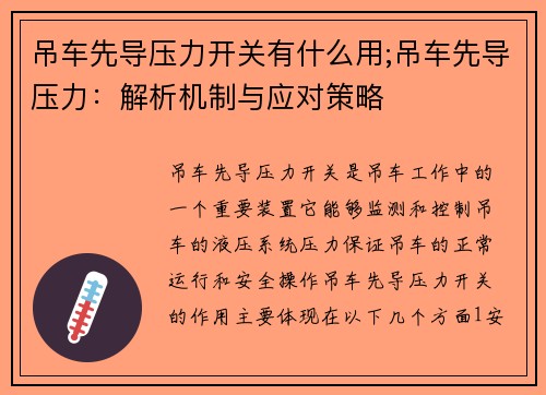 吊车先导压力开关有什么用;吊车先导压力：解析机制与应对策略