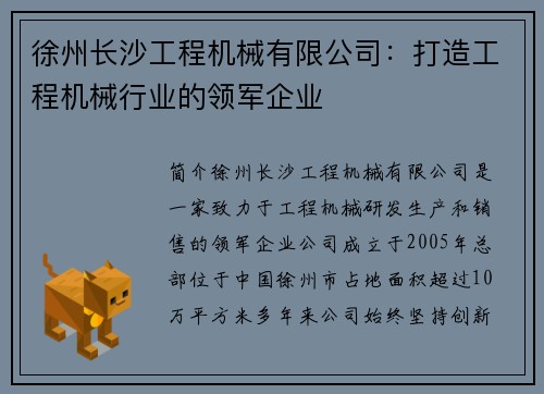 徐州长沙工程机械有限公司：打造工程机械行业的领军企业