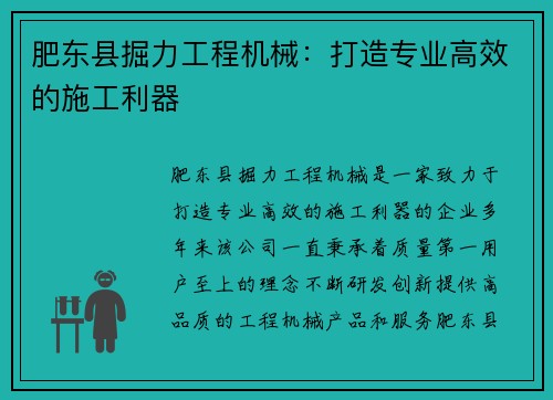 肥东县掘力工程机械：打造专业高效的施工利器