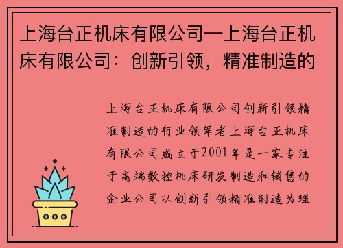 上海台正机床有限公司—上海台正机床有限公司：创新引领，精准制造的行业领军者