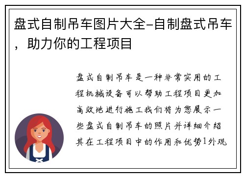 盘式自制吊车图片大全-自制盘式吊车，助力你的工程项目